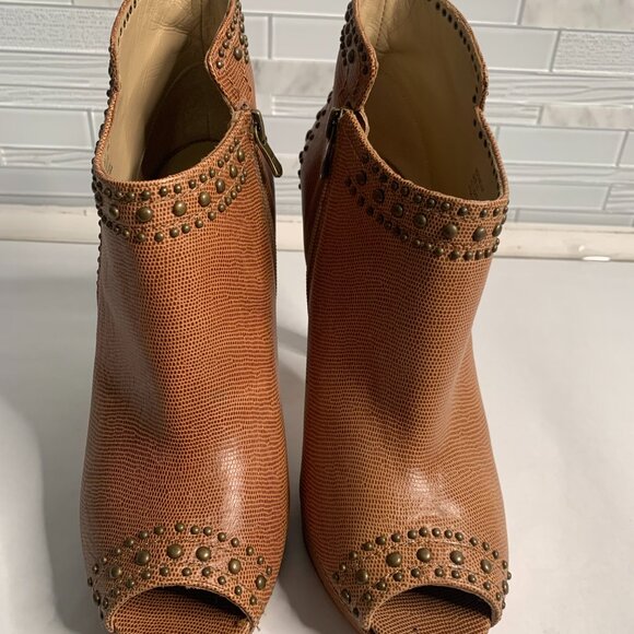 BCBG Maxazria Caramel Leather Stud Embellished Ankle Bootie Side Zipper Closure - Picture 2 of 6